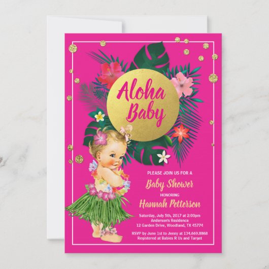 Aloha Luau Mädchen Dusche Einladung heiß rosa (Vorderseite)