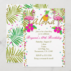 Aloha Luau Mädchen Tropical Flamingo Geburtstagsfe Einladung