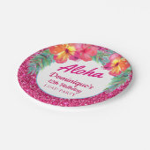 Aloha Luau Party Glitzer Tropischer Hibiskus Pappteller (Schrägansicht)