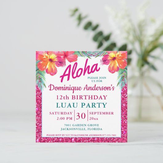 Aloha Luau Pink Glitzer Tropical Square Version 2 (Stehend Vorderseite)