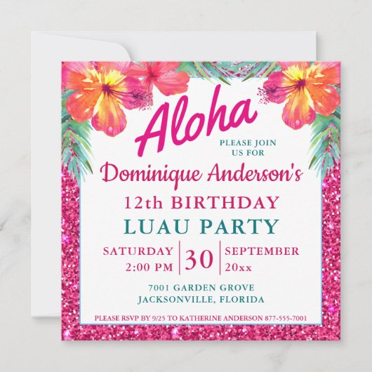 Aloha Luau Pink Glitzer Tropical Square Version 2 (Vorderseite)