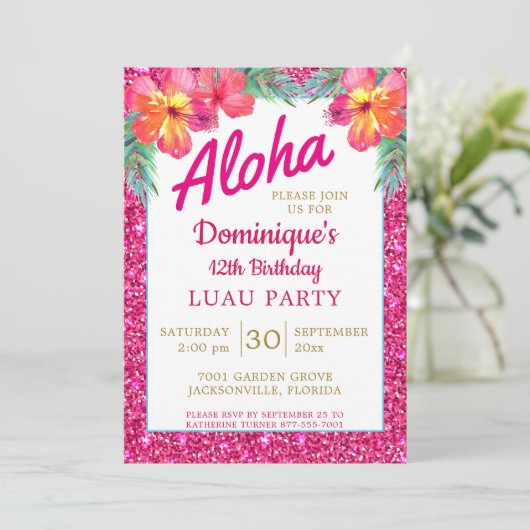 Aloha Luau Pink Glitzer Tropischer Hibiskus Einladung (Stehend Vorderseite)