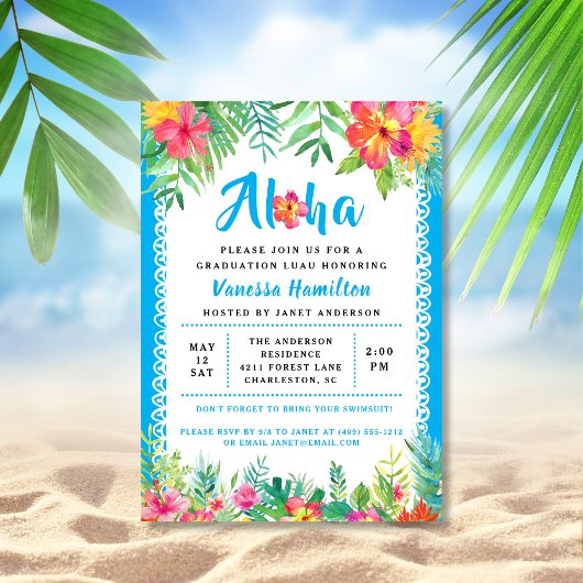 Aloha Luau Tropical Abschluss Blauer Einladung