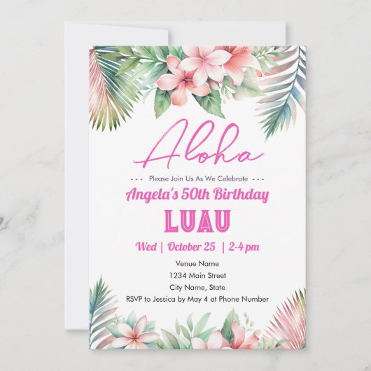 Aloha Luau Tropical Adult 50. Geburtstag Einladung (Vorderseite)