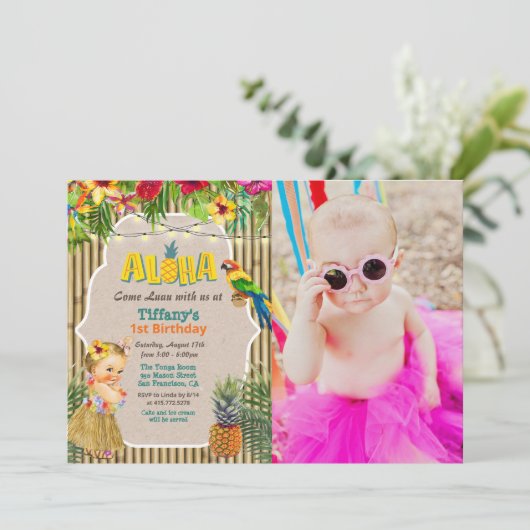 Aloha Luau Tropical Birthday Foto Einladung (Stehend Vorderseite)