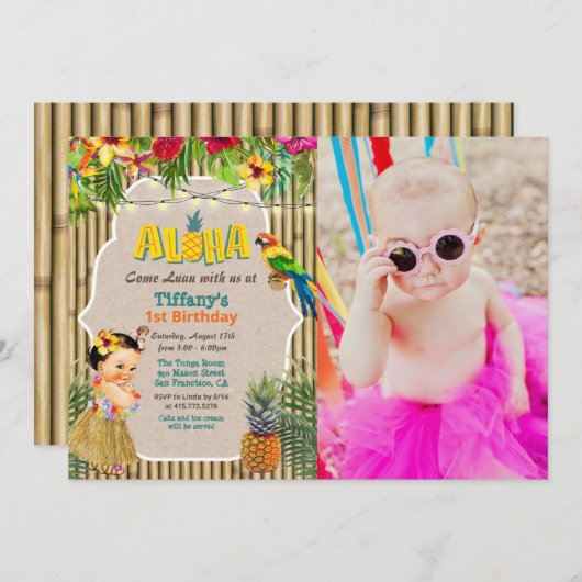 Aloha Luau Tropical Birthday Foto Einladung (Vorne/Hinten)