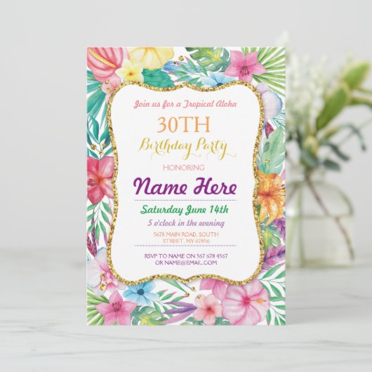 Aloha Luau Tropical Birthday Party Einladung (Stehend Vorderseite)