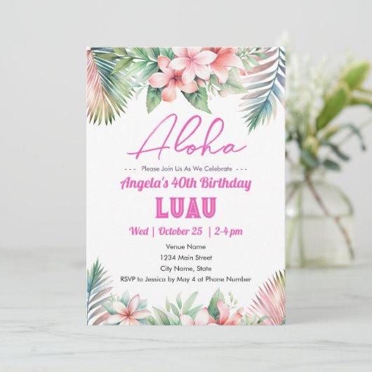 Aloha Luau Tropical Erwachsene Geburtstag Einladung (Stehend Vorderseite)