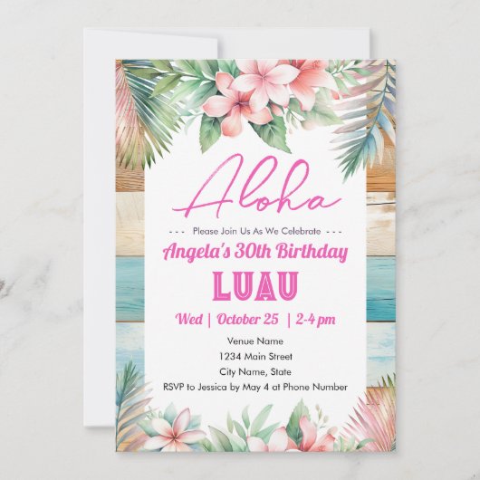 Aloha Luau Tropical Erwachsene Geburtstag Einladung (Vorderseite)