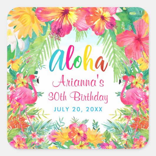 Aloha Luau Tropical Flamingo Birthday Quadratischer Aufkleber (Vorderseite)