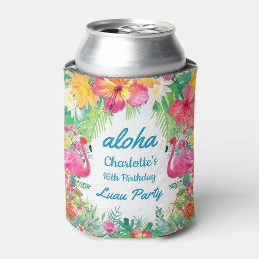 Aloha Luau Tropical Flamingo Floral Birthday Blue Dosenkühler (Kanne Vorderseite)