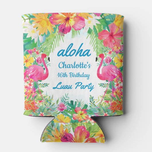 Aloha Luau Tropical Flamingo Floral Birthday Blue Dosenkühler (Rückseite)