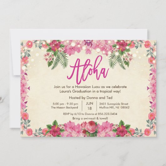 Aloha Luau Tropical Graduation Party Einladung (Vorderseite)