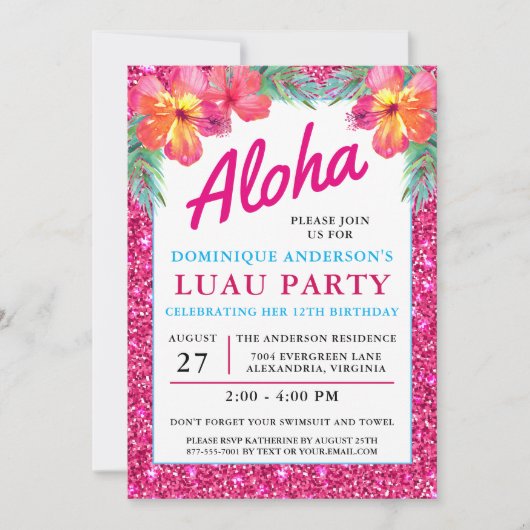 Aloha Luau Tropical Hawaiian Pink Glitzer Einladung (Vorderseite)