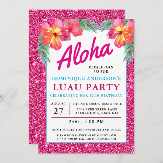 Aloha Luau Tropical Hawaiian Pink Glitzer Einladung (Vorne/Hinten)
