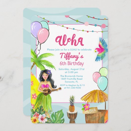 Aloha Luau Tropical Pool Party Einladung zum Gebur (Vorne/Hinten)