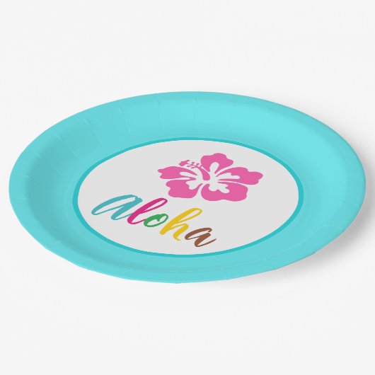 Aloha Luau Tropical Summer Hibiskus Pappteller (Schrägansicht)