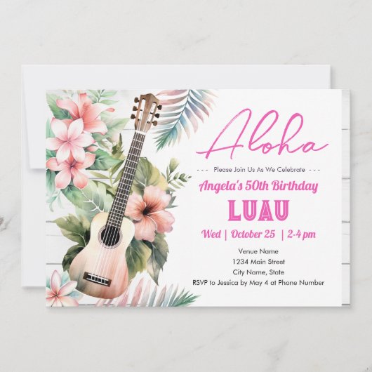 Aloha Luau ukulele 50. Geburtstag Einladung (Vorderseite)