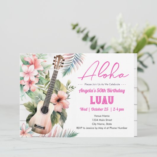 Aloha Luau ukulele 50. Geburtstag Einladung (Stehend Vorderseite)