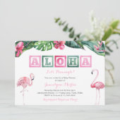 Aloha Lush Tropical Foliage Flamingos Babydusche Einladung (Stehend Vorderseite)