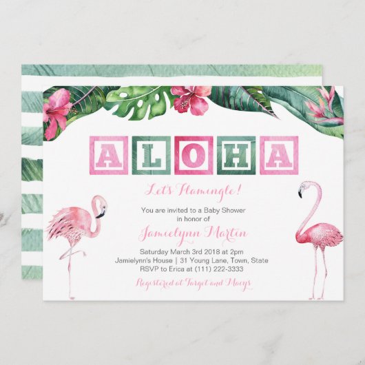 Aloha Lush Tropical Foliage Flamingos Babydusche Einladung (Vorne/Hinten)