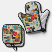 Aloha Paradise Hawaiianische Vintage Postkarte Ofenhandschuh & Topflappen-Set (Vorderseite/Rückseite)