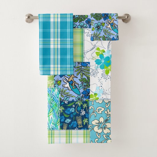 Aloha Patchwork Hawaiian Tropical Prints - Aquamar Badhandtuch Set (Insitu)