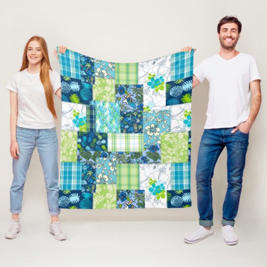 Aloha Patchwork Hawaiian Tropical Prints - Aquamar Fleecedecke (Beispiel)