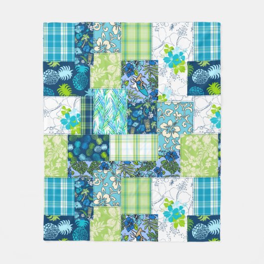 Aloha Patchwork Hawaiian Tropical Prints - Aquamar Fleecedecke (Vorderseite)