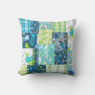 Aloha Patchwork Hawaiian Tropical Prints - Aquamar Kissen