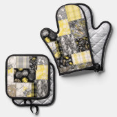 Aloha Patchwork Hawaiian Tropical Prints Black Ofenhandschuh & Topflappen-Set (Vorderseite/Rückseite)