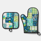 Aloha Patchwork Hawaiian Tropical Prints Turquoise Ofenhandschuh & Topflappen-Set (Vorderseite)