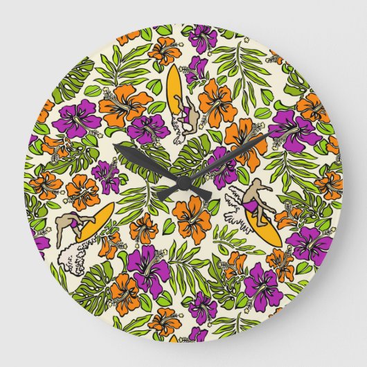 Aloha Patchwork Hawaiian Tropical Prints - Violet Große Wanduhr (Vorderseite)
