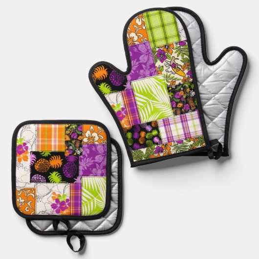 Aloha Patchwork Hawaiian Tropical Prints Violet Ofenhandschuh & Topflappen-Set (Vorderseite/Rückseite)