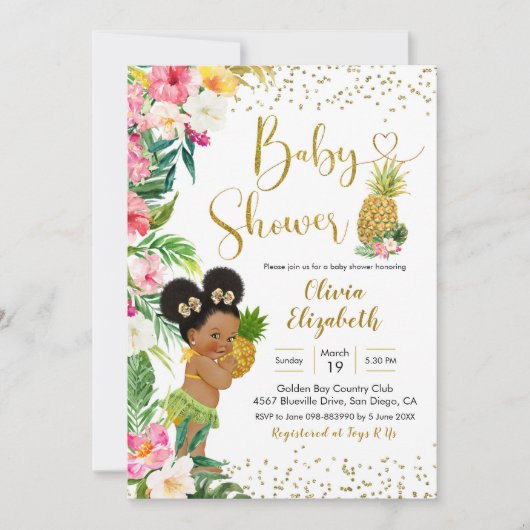 Aloha Pineaple African Afro Girl Baby Shower Einladung (Vorderseite)