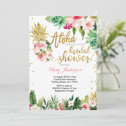 Aloha Pineaple Bridal Dusche Einladung (Stehend Vorderseite)