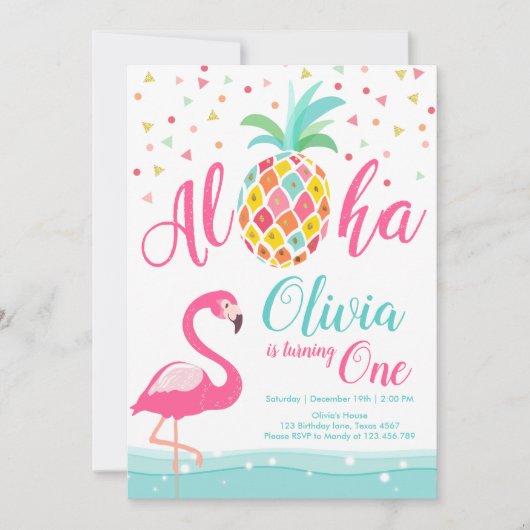 Aloha Pineaple Flamingo Geburtstag Einladung Pink (Vorderseite)