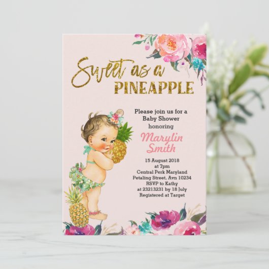 Aloha Pineaple Kinderdusche Einladung (Stehend Vorderseite)