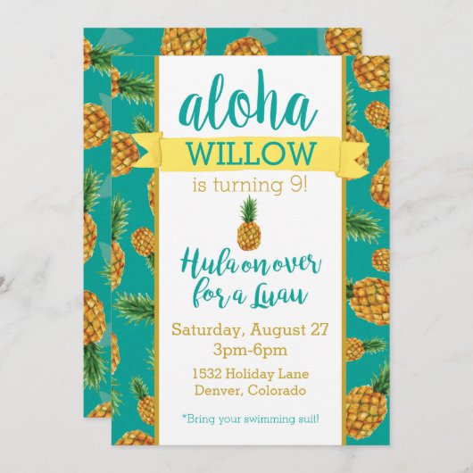 Aloha Pineaple Luau Birthday Einladung (Vorne/Hinten)