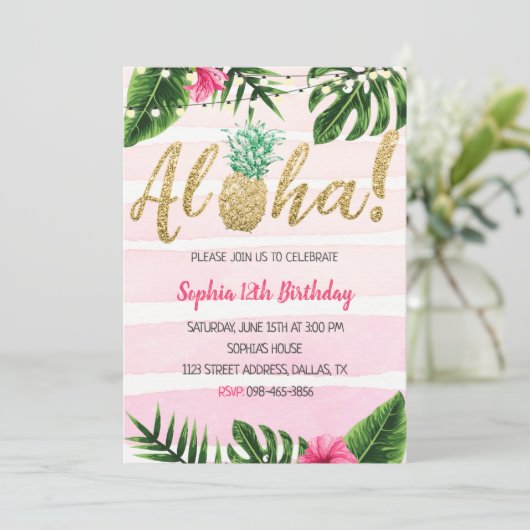 Aloha Pineaple Pink zum Geburtstag Einladung (Stehend Vorderseite)