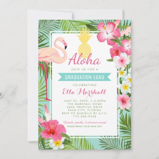 Aloha Pink Flamingo Tropischer Abschluss Luau Part Einladung (Vorderseite)