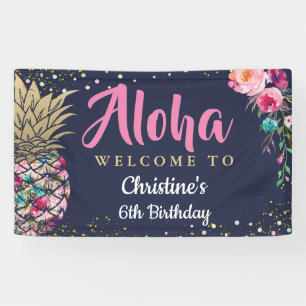 Aloha Pink Gold Ananas Marine Blue Birthday Party Banner