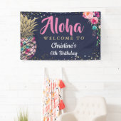 Aloha Pink Gold Ananas Navy Blue Birthday Party Banner (Insitu)