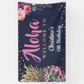 Aloha Pink Gold Ananas Navy Blue Birthday Party Banner (Vertikal)