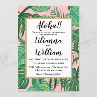 Aloha Pink Hawaiian Tropical Blätter Beach Wedding Einladung