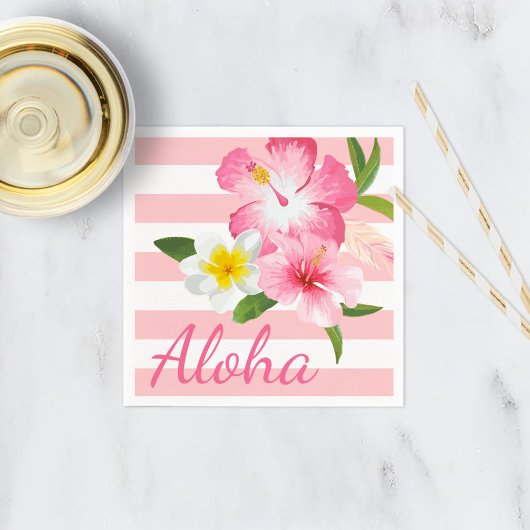 Aloha Pink Tropische Blume und Streifen Serviette