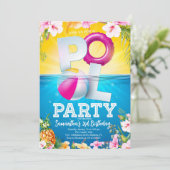 Aloha Pool Party Floral Geburtstag Einladung (Stehend Vorderseite)