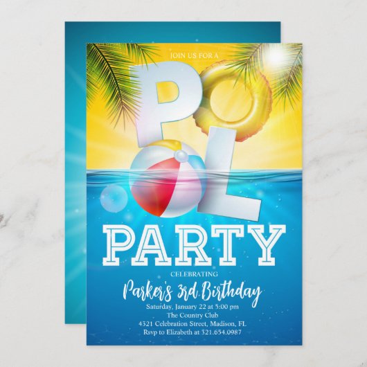 Aloha Pool Party Geburtstag Einladung (Vorne/Hinten)