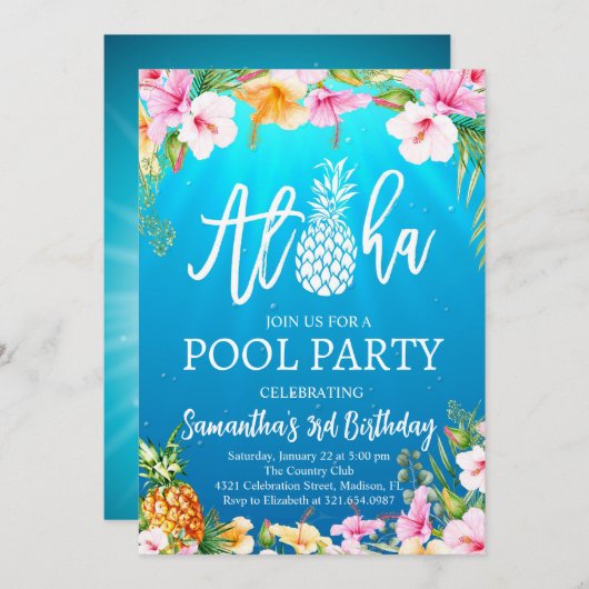 Aloha Pool Party Geburtstag Einladung (Vorne/Hinten)