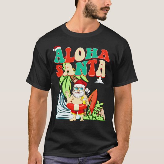 Aloha Santa Surfing Santa im Juli T-Shirt (Vorderseite)